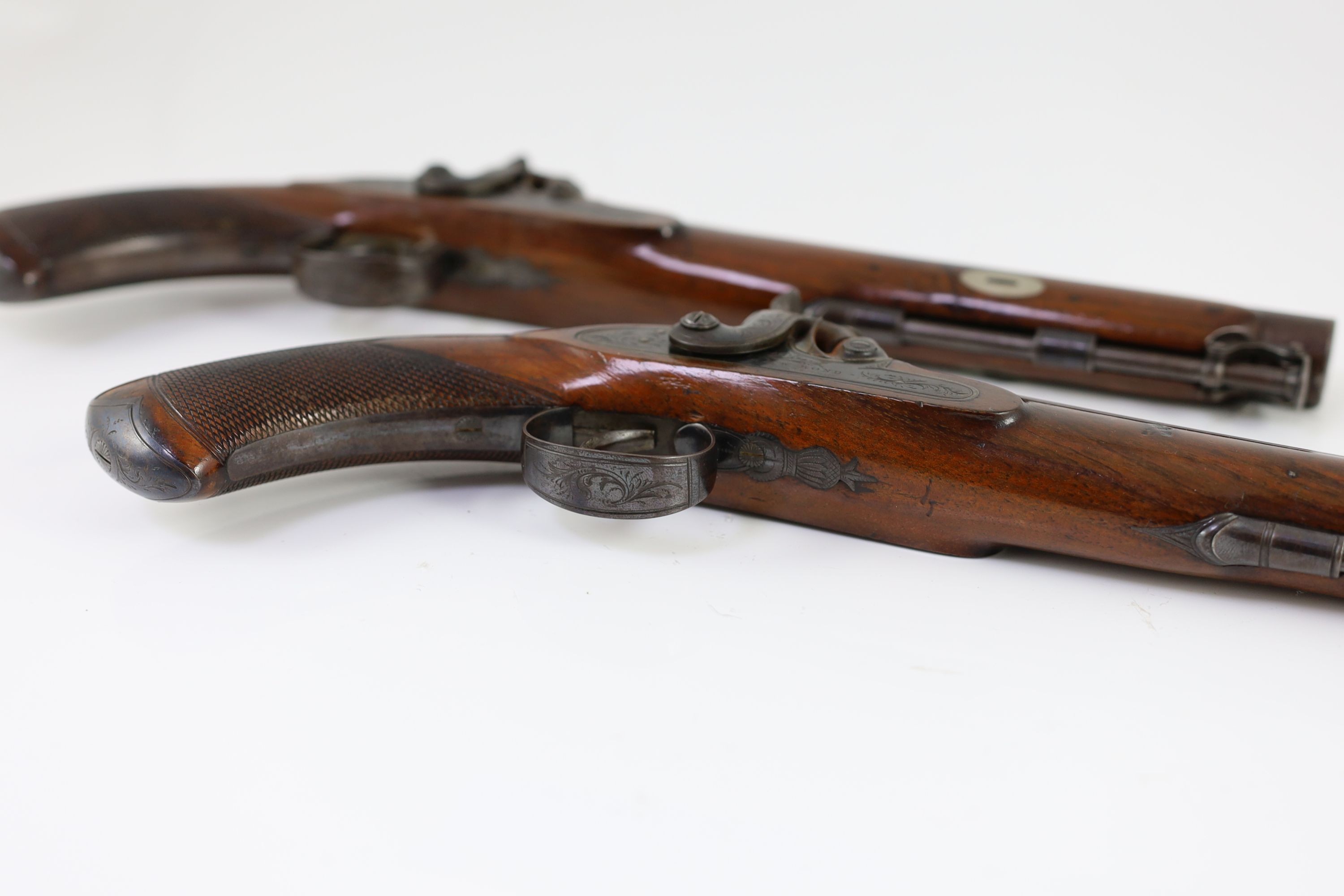 A good cased pair of percussion pistols, by E & W Bond, London, with Arundel and Bramber Corps of Yeomanry Cavalry presentation inscription dated 1839, Pistol length 38cm, hammers damaged